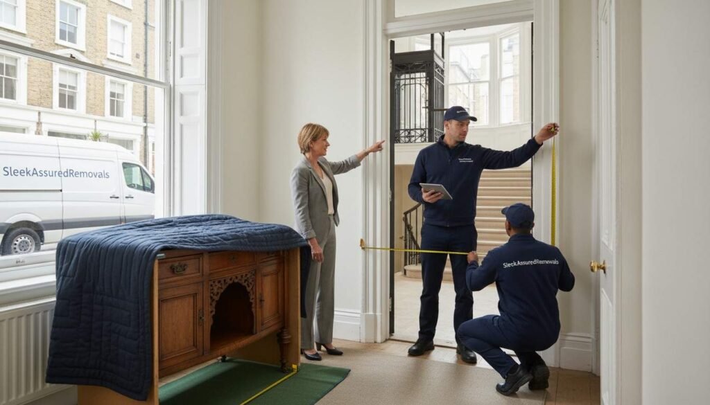 measures a London flat doorway for antique removals while a wrapped antique waits for pickup