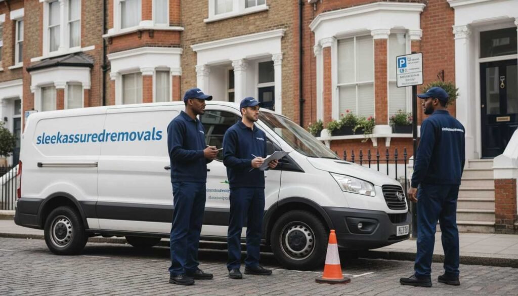 Professional movers checking parking access on moving day
