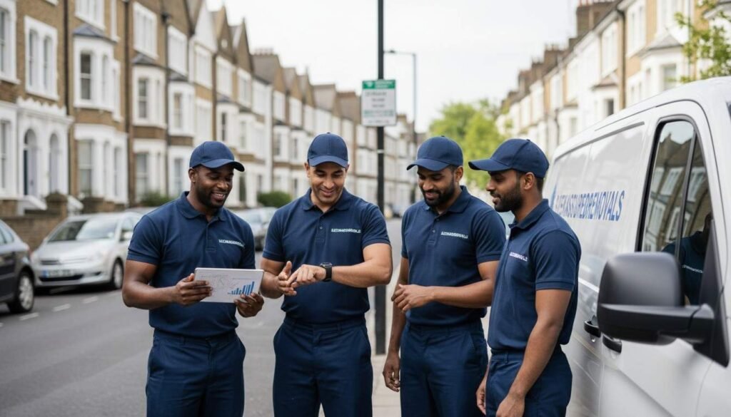 movers in navy uniforms planning the route and timing beside a branded van on a London residential street