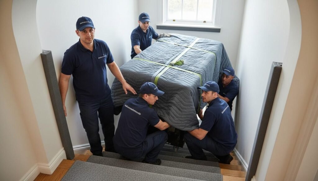 Sleekassuredremovals movers guide a wrapped upright piano on a stair landing, using clear roles, straps, and padding for a safe move in a London flat