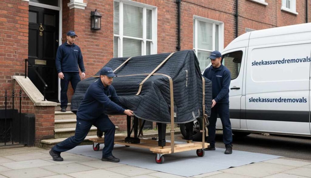 Our movers in London secure a wrapped grand piano on a skid board with straps, preparing it for safe loading and transport