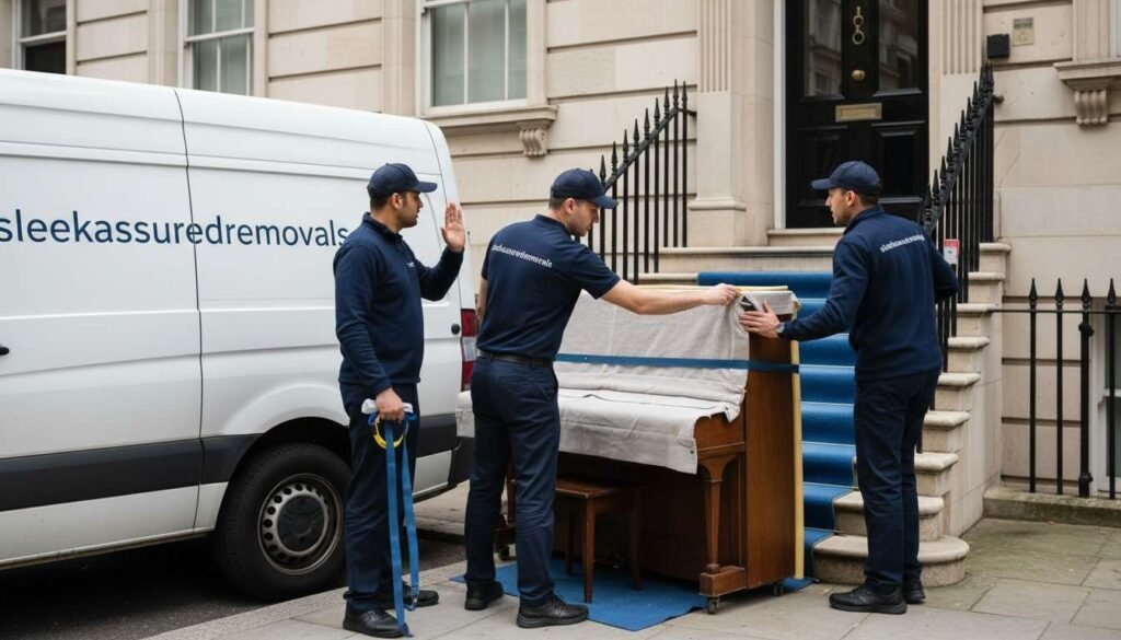 movers pause a piano move at a London stair landing to check straps and measurements before continuing safely