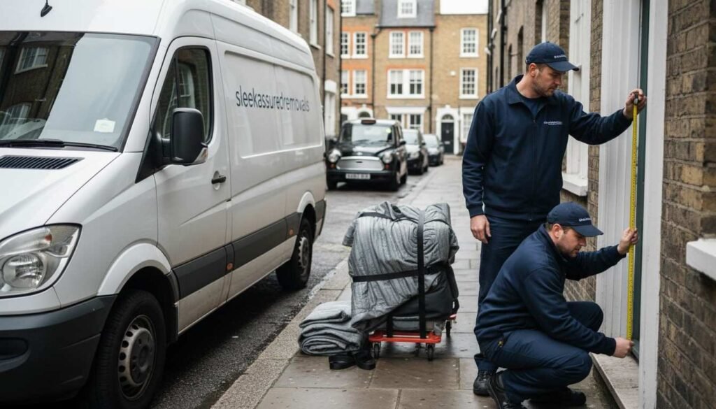 Movers measuring a tight London doorway and stairs before transporting heavy furniture