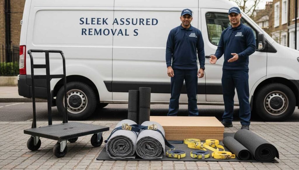 London show essential piano moving equipment like a piano dolly, straps, blankets, floor protection, and tie-downs beside a branded van