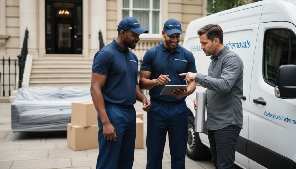 Customer confirming a moving quote with uniformed London furniture movers beside a branded van