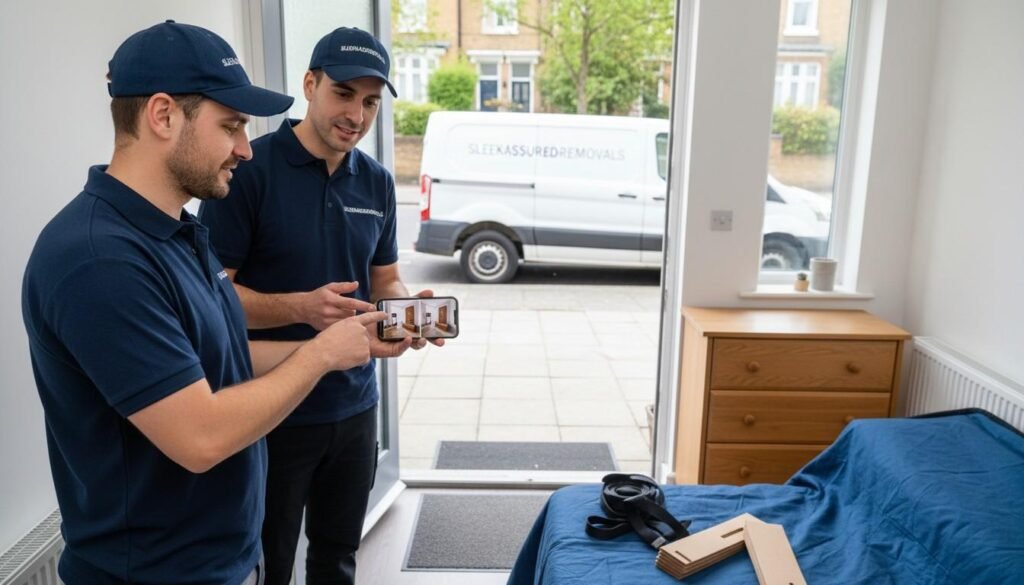 Homeowner showing access photos to sleekassuredremovals movers for a same-day London furniture move