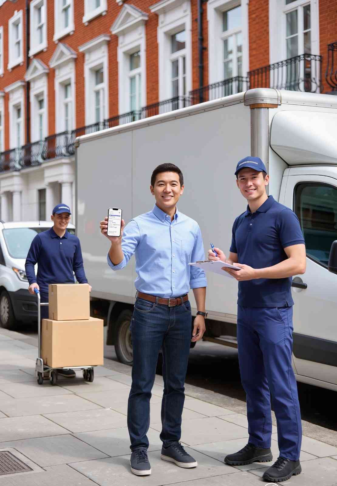 Customer requesting a removals quote on phone while a mover explains the process in Lambeth London