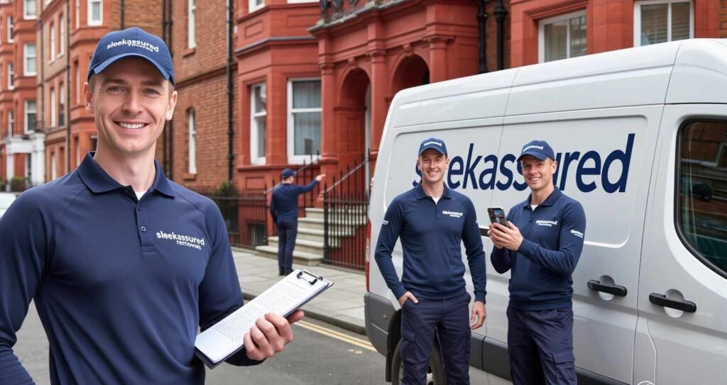 Three professional movers beside a van with a clipboard in Lambeth London