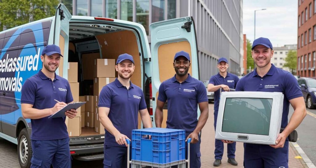 Sleekassuredremovals team loading office crates outside a Lambeth office building