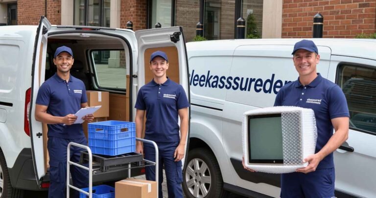 Office movers in London from sleekassuredremovals carrying labelled crates and IT equipment during an office relocation outside a London office building