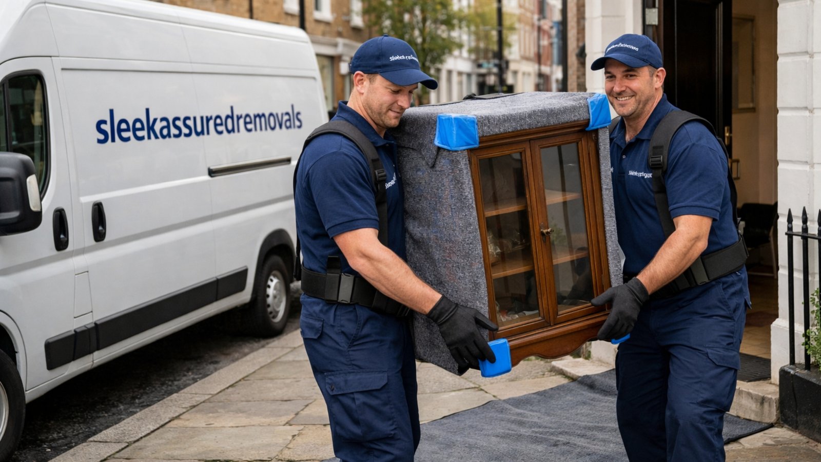 SleekAssuredRemovals movers carrying a wrapped antique cabinet to a van in London during antique removals