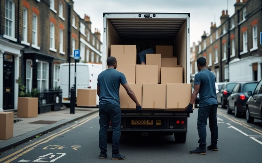 London house move with removal van on narrow street