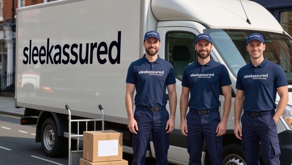 sleekassuredremovals movers stand beside a branded van on a Hackney street in London, showing local removals coverage