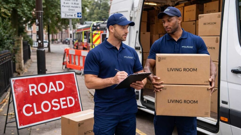 Team loading labelled boxes into a branded van on a London street with parking restrictions nearby