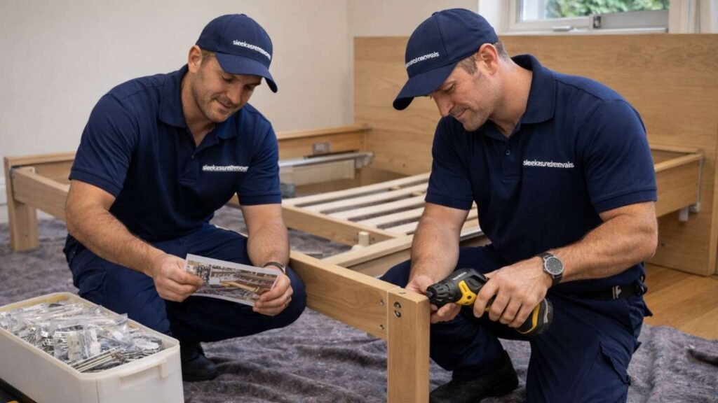 movers reassembling a bed frame after moving, using a labelled parts box and reference photos for quick setup
