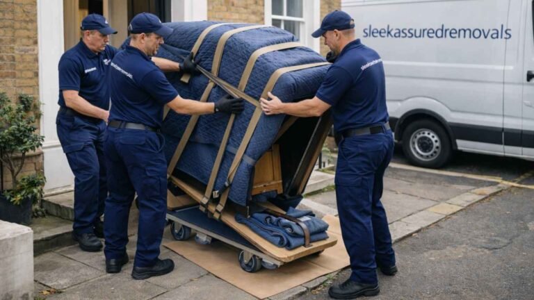 Sleekassuredremovals movers loading a wrapped upright piano on a dolly outside a London home, with a branded removal van in the background