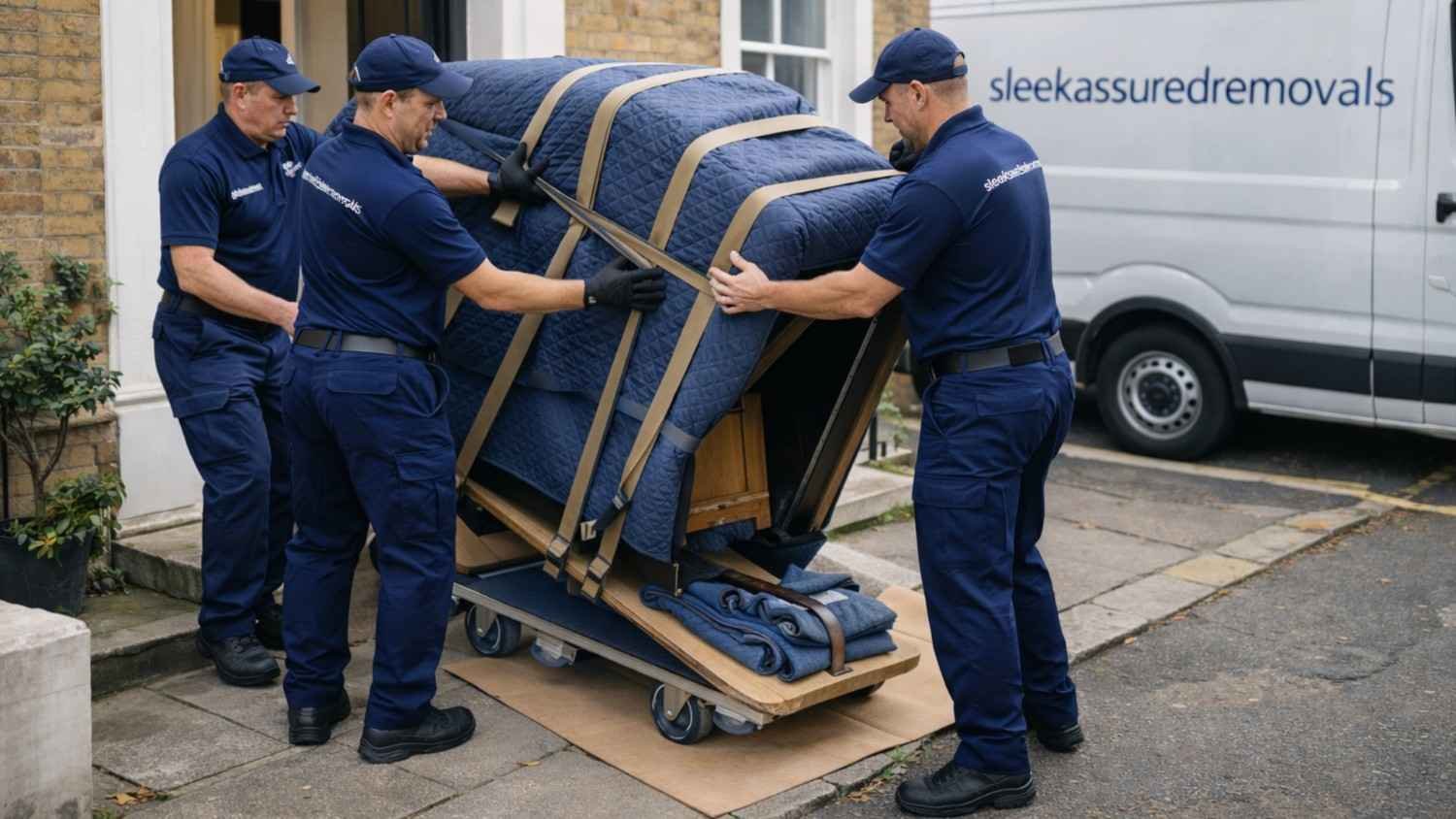 Sleekassuredremovals movers loading a wrapped upright piano on a dolly outside a London home, with a branded removal van in the background
