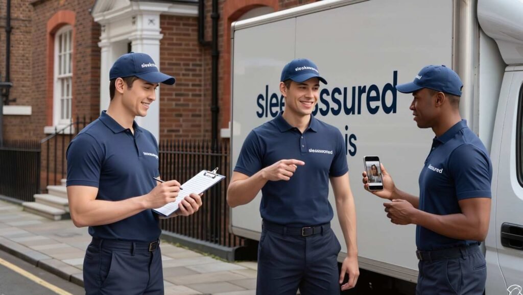 sleekassuredremovals movers plan building access and stairs beside a branded van for a Hackney move in London