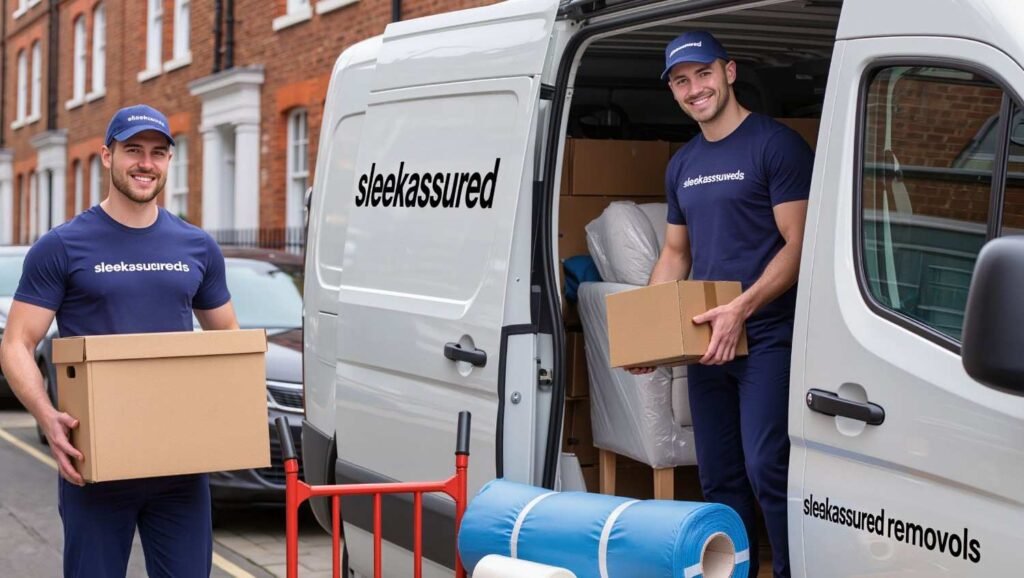 Two sleekassuredremovals movers handle boxes by a branded van, with moving items staged for a quick service snapshot