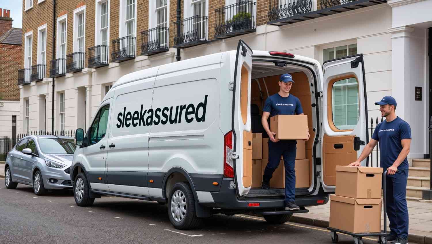 Two sleekassuredremovals movers unload boxes from a branded van, with one using a trolley for quick local transport
