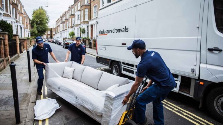 Heavy furniture movers in London loading a wrapped sofa into a branded van on a narrow street