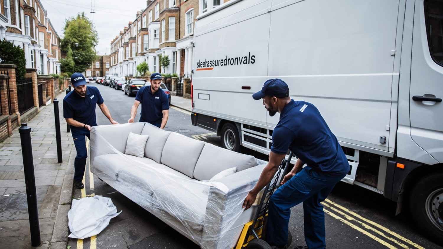 Heavy furniture movers in London loading a wrapped sofa into a branded van on a narrow street