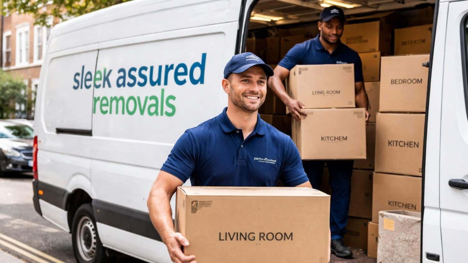 SleekAssuredRemovals movers in navy uniforms loading labelled boxes into a branded removal van on a London residential street