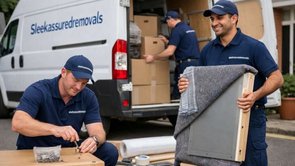 Sleekassuredremovals movers disassembling furniture beside a branded removal van in London