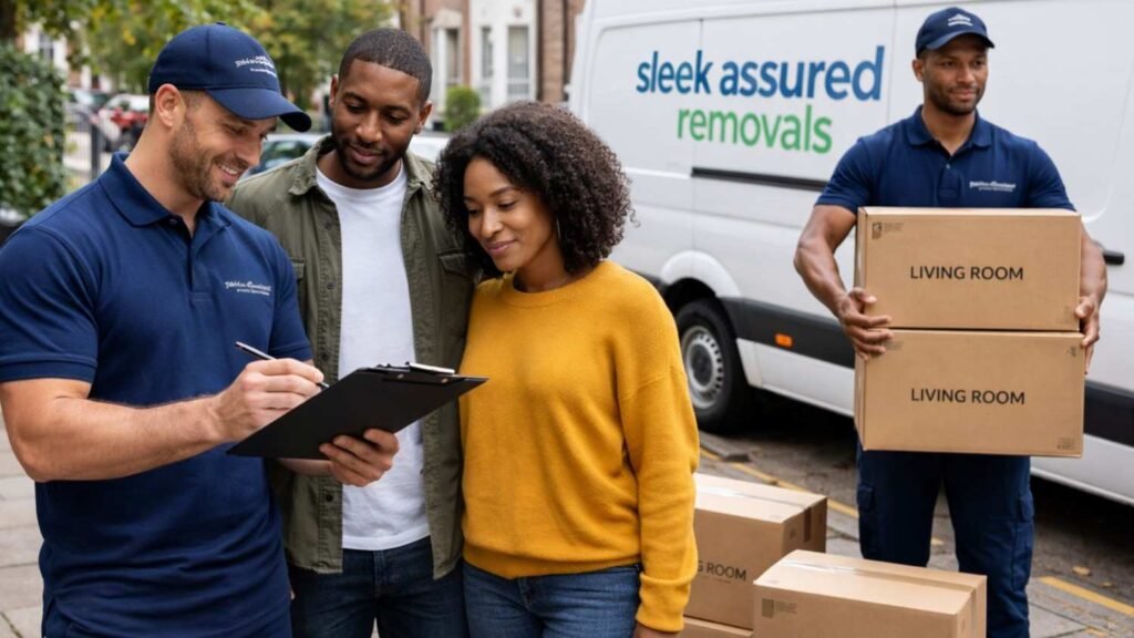 movers in talking with a couple beside a branded removal van and labelled moving boxes on a London street
