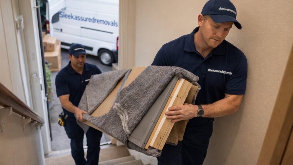 movers carrying a wrapped furniture panel up a narrow London flat staircase to prevent scratches and damage