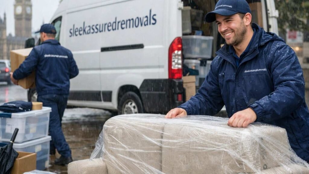 van with two movers packing a sofa and carrying boxes