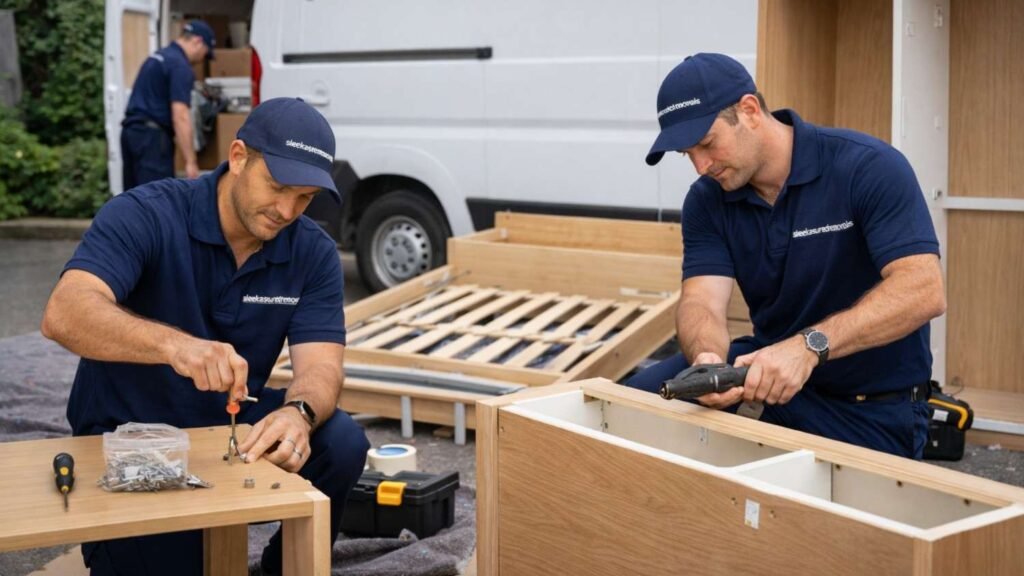Sleekassuredremovals movers disassembling a bed frame and wardrobe in London with tools and labelled hardware, preparing furniture parts for moving