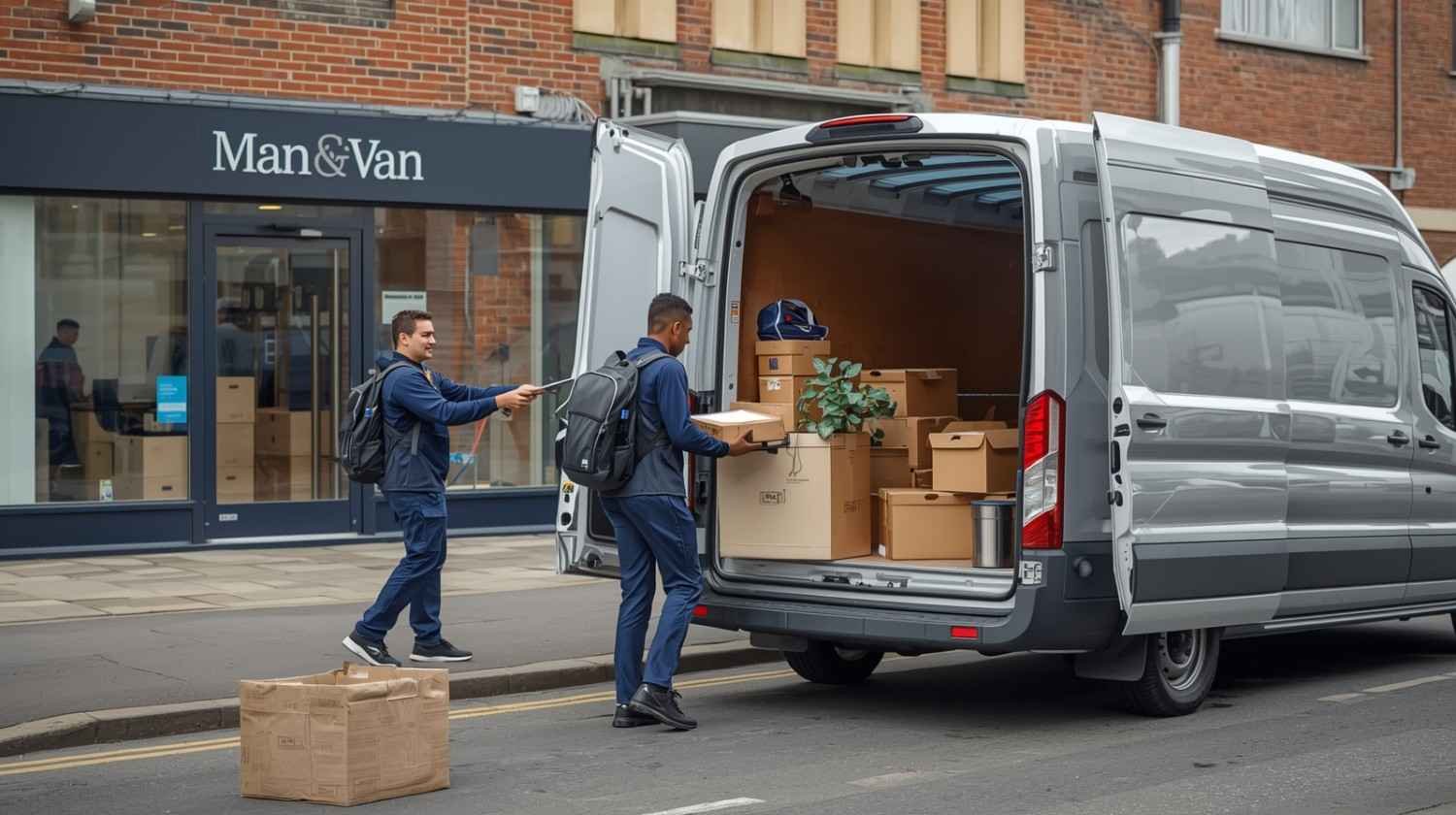 Professional man and van service assisting with small to medium moves, loading office items and boxes into a van