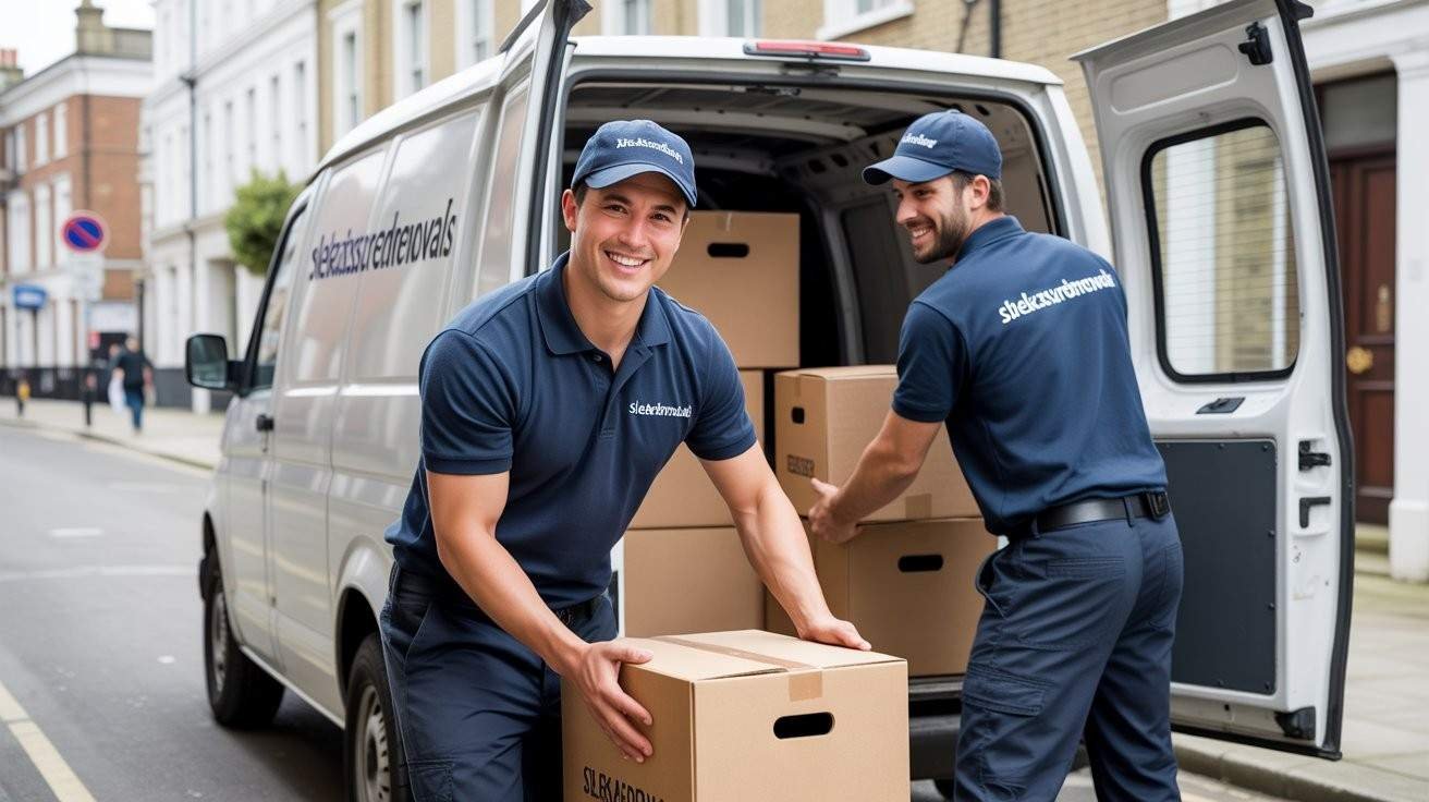 Two navy-uniformed sleekassuredremovals movers load boxes and small equipment into a branded van in Lambeth, London.
