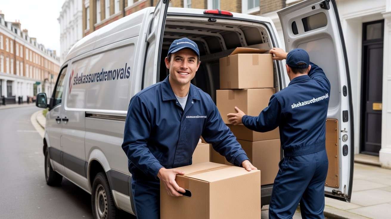 Professional sleekassuredremovals movers unloading boxes from a van, highlighting safe handling and efficiency