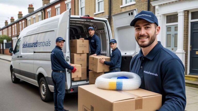 Sleekassuredremovals team loading packed boxes into a branded moving van on a London residential street