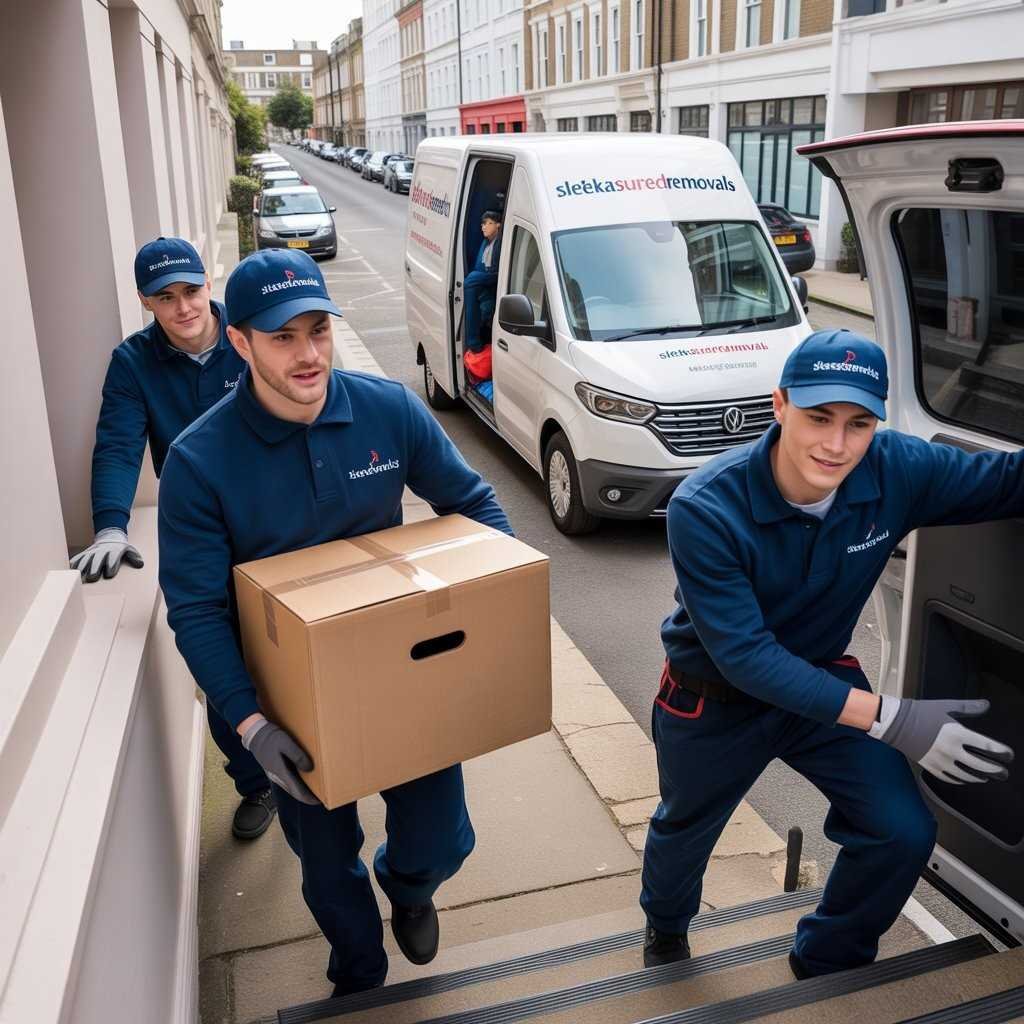Professional man and van team in Fulham carrying boxes and protected furniture for a local move