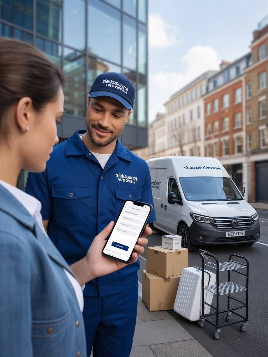 Customer shows a quote request on a phone to a sleekassuredremovals mover outside an office in Hackney, with a branded van nearby