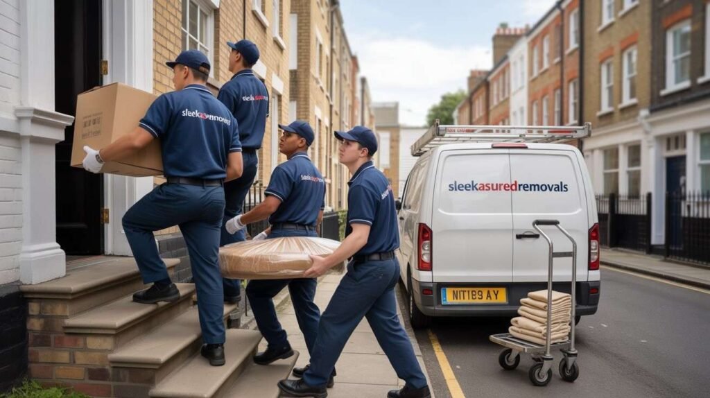 sleekassuredremovals movers carry boxes up flat stairs near a branded van in Hackney, London, showing a smooth house removal service