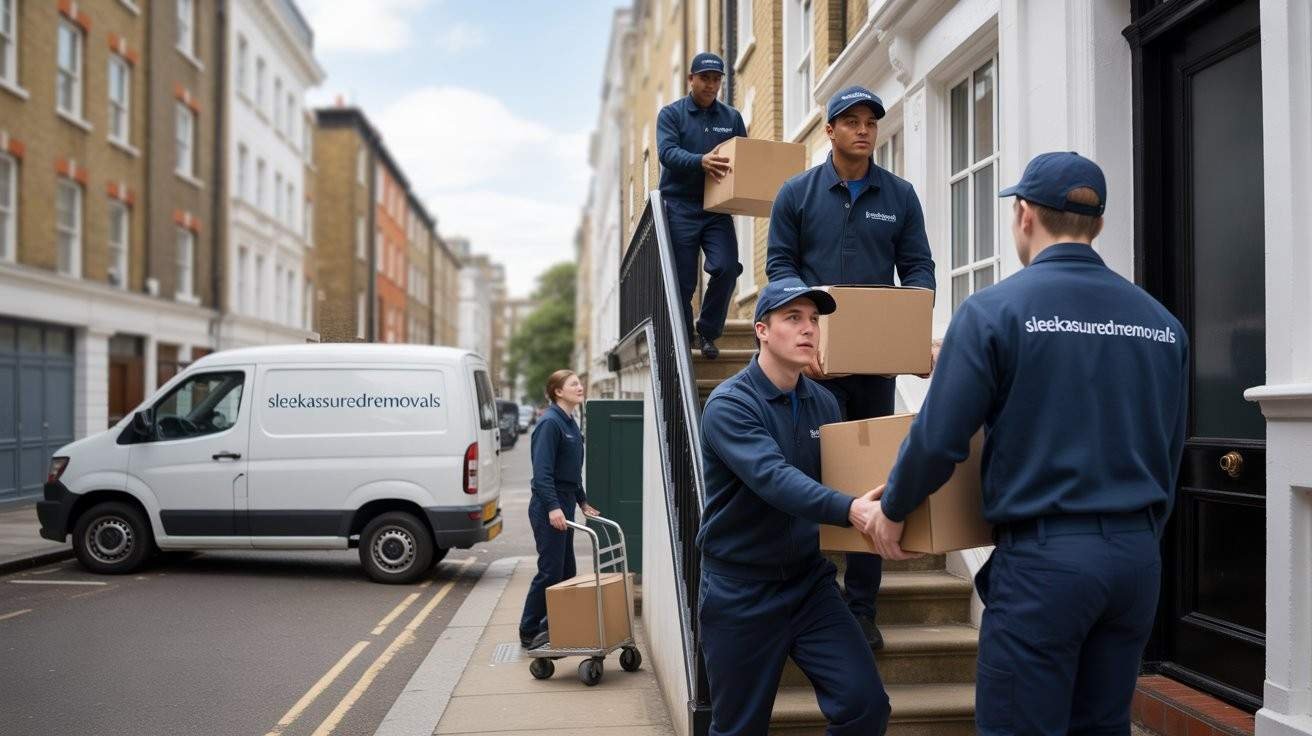 House removals team carrying boxes down stairs to a van in Lambeth