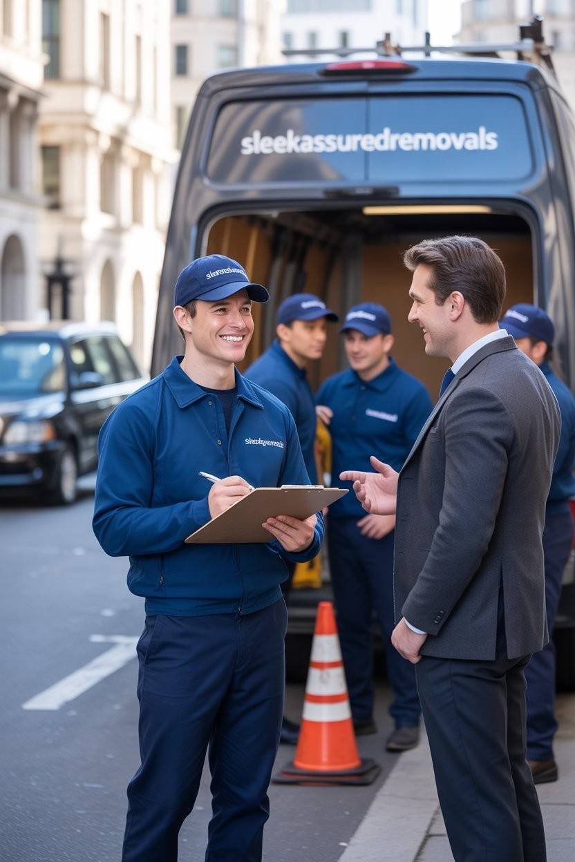 Mover with a clipboard speaking to a business owner in Dagenham