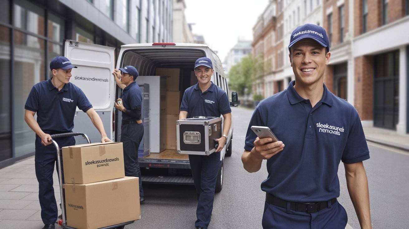 Sleekassuredremovals movers loading boxes on a trolley and carrying a PC to a van in Lambeth London