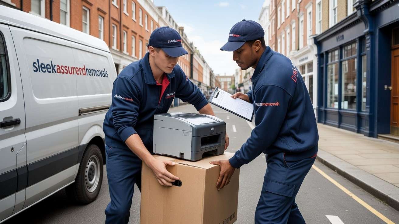 Two navy-uniformed movers loading boxes and small equipment into a van