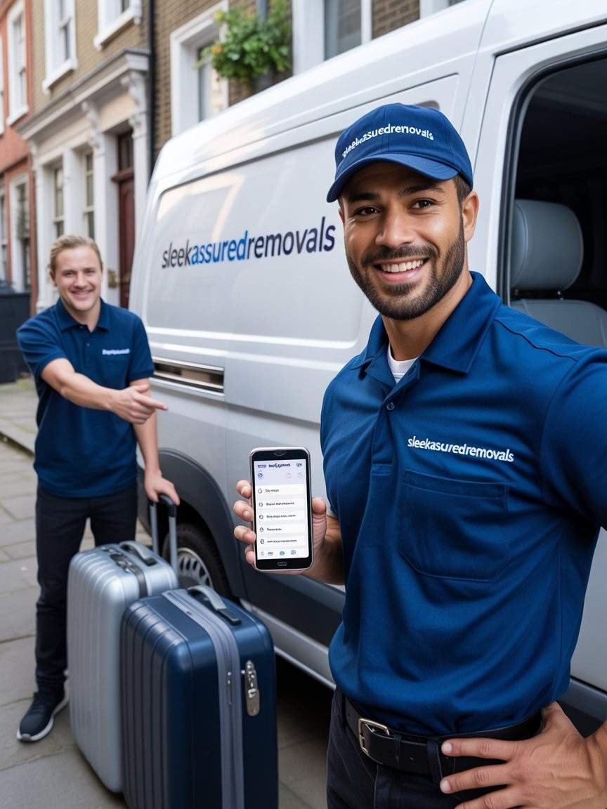 Our House Removals clients showing a quote request on a phone while our mover stands