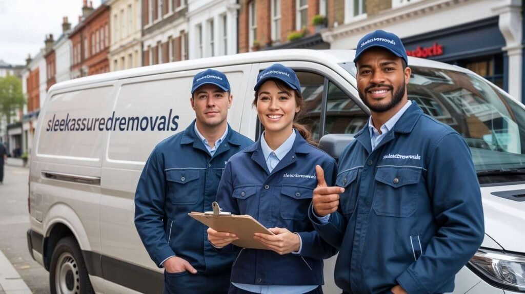 Our Local removals uniformed movers standing beside a branded van in Lambeth