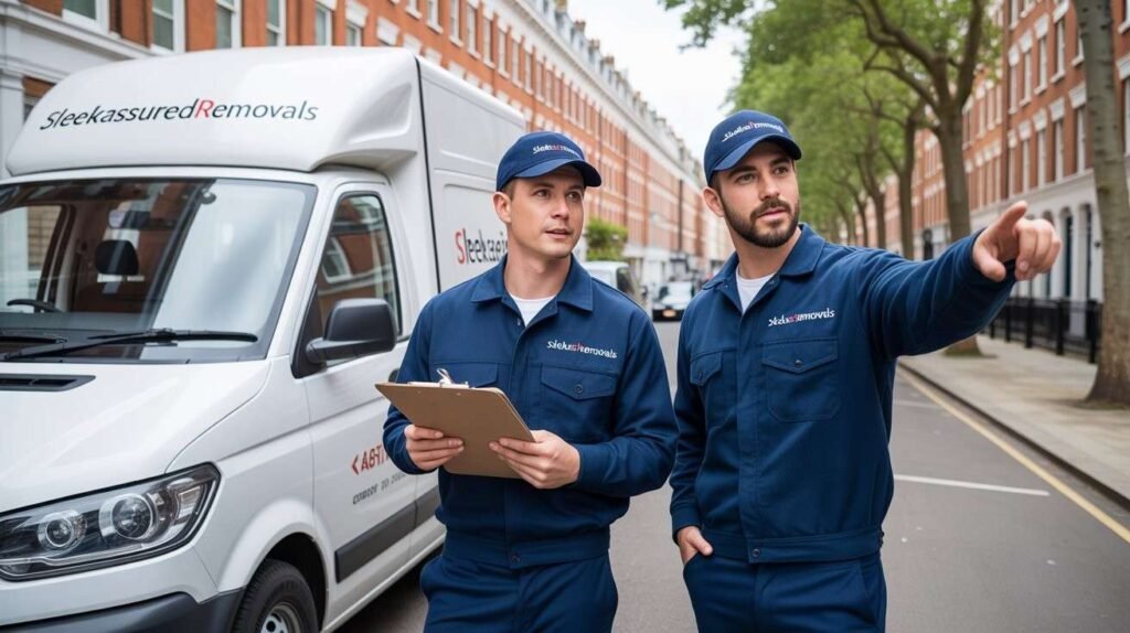 Two movers with a clipboard pointing out location details beside a removal van in Lambeth London