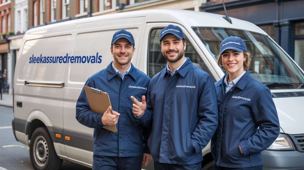 Our Local office removals team uniformed movers standing beside a branded van in Southwark