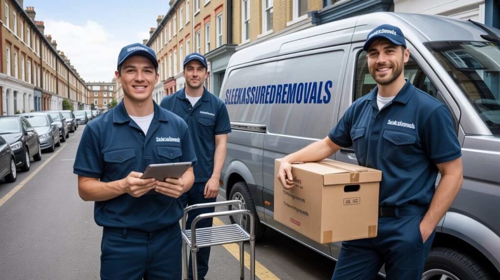 Professional Sleekassuredremovals team in Camden NW1 beside branded removals van