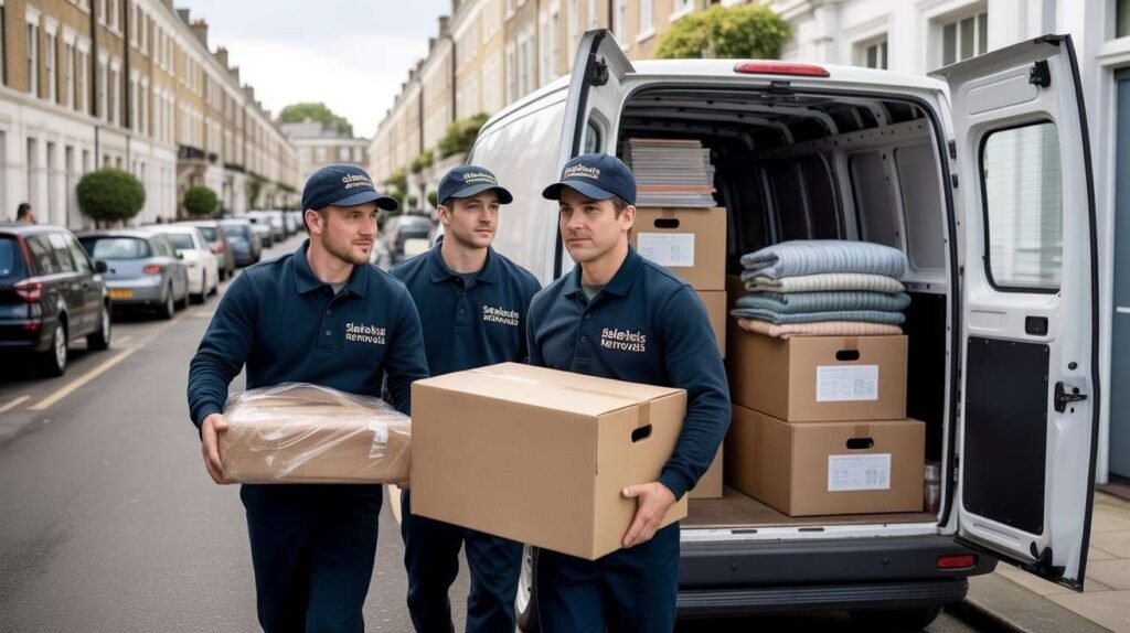 Professional man and van team in Lambeth carrying a box to a white van for a small move and furniture collection