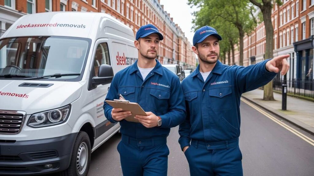 Our movers with a clipboard pointing out location details beside a Man ans van service in Southwark